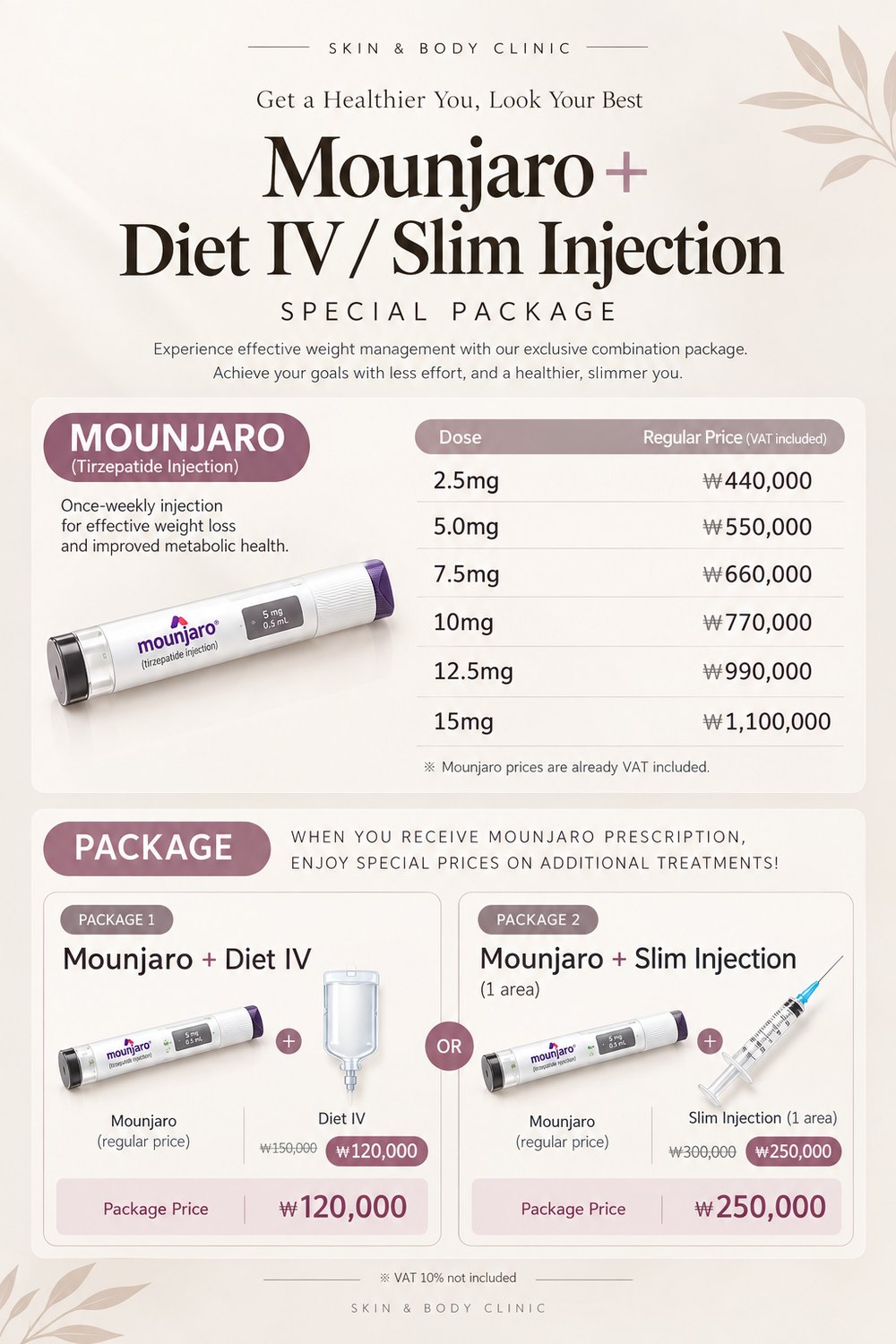 Mounjaro package price list: all six doses, plus diet IV or slim injection at a package price